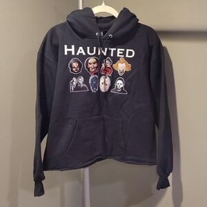 Horror "Haunted" Movie Killers Graphic Hoodie, Size M, Black And Multicolor